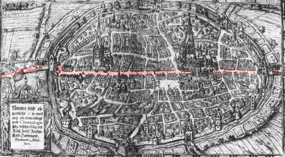 Der Hellweg (rot markiert) in Dortmund um 1610 auf dem Plan von Detmar Muhler