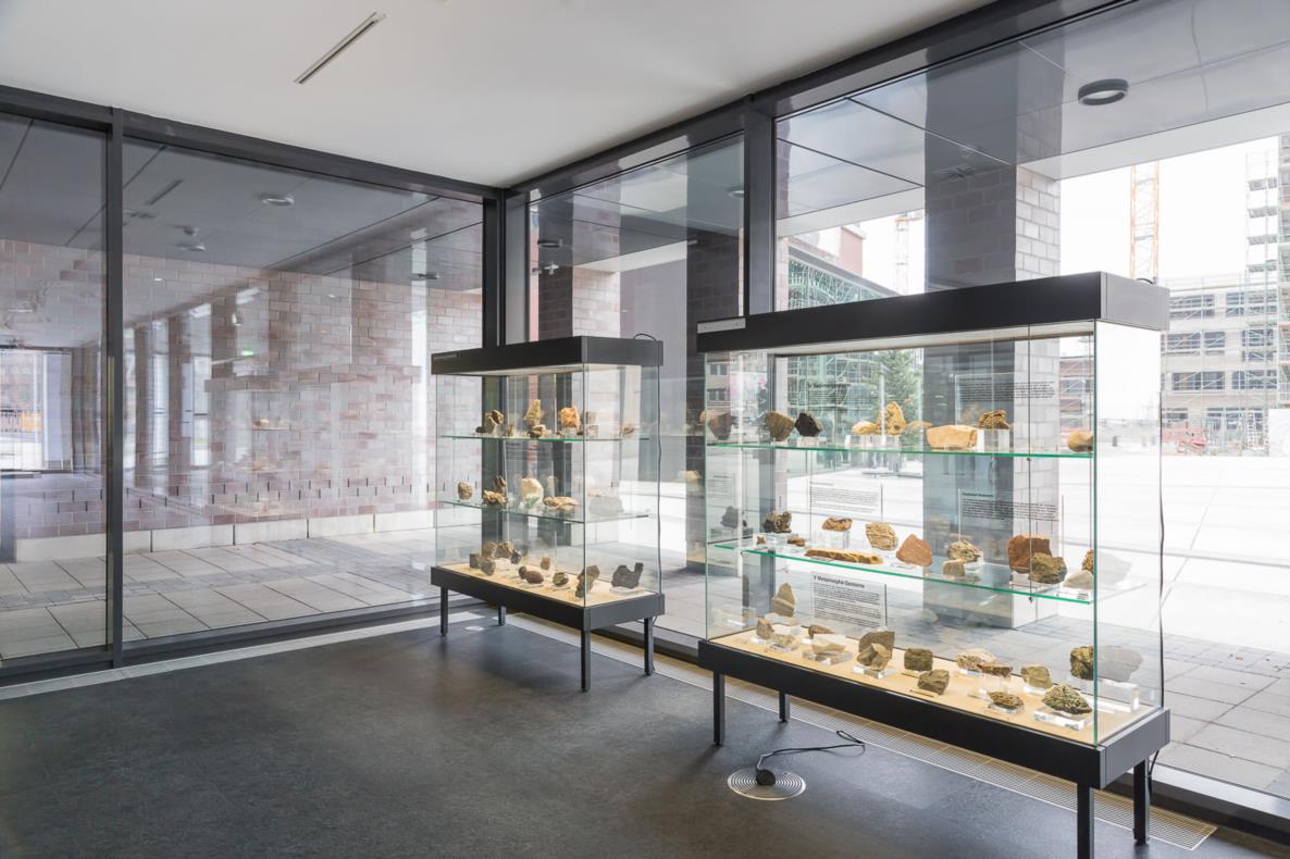 VITRINEN, 2 Glasvitrinen mit magmatischen, metamorphen und sedimentären Gesteinen, Leihgaben aus dem Naturkundemuseum Dortmund