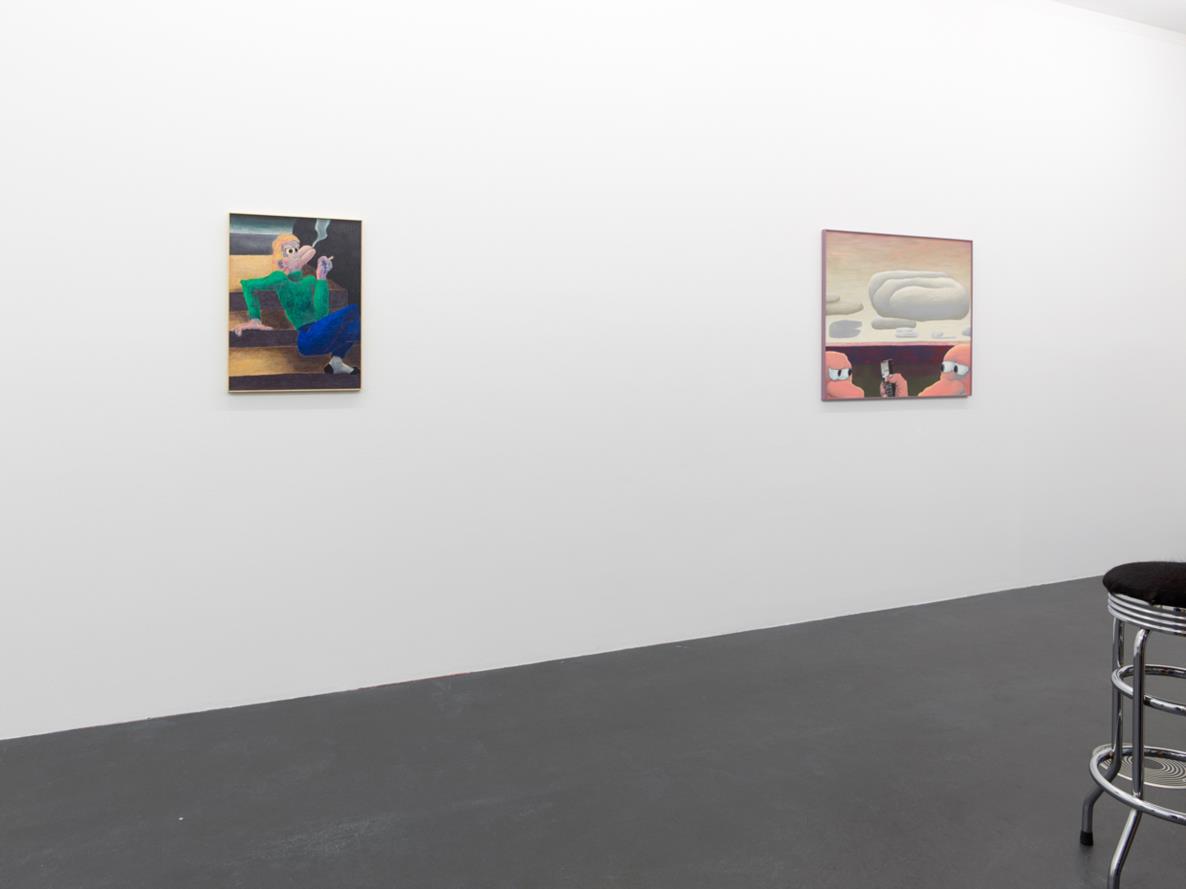 GIJS MILIUS: l. On ne sait pas qui tient le portable!, 2018, r. Sans titre_B, 2017, Öl, Wachs, Pastell