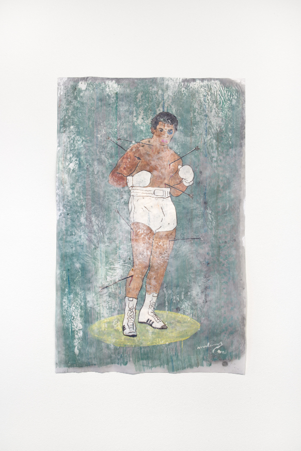 James Gregory Atkinson, Frohe Zuversicht (Detail), 2021, video, painting Kai Matussik, St. CG Hommage an Charly Graf, der deutsche Mohamed Ali (2020),  installation view ‘6 Friedberg-Chicago’ Dortmunder Kunstverein, 2021/22 Courtesy: the artist, Kai Matussik, Dortmunder Kunstverein Photo: Jens Franke 