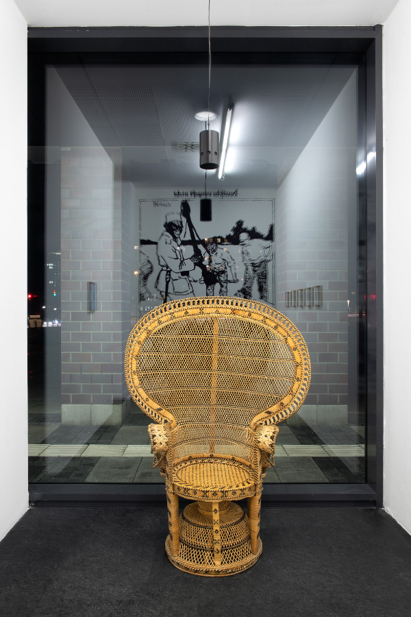 James Gregory Atkinson, Preußisches Liebesglück (Detail), 2021, wall paper, photography, peacock chair, audio piece, installation view ‘6 Friedberg-Chicago’, Dortmunder Kunstverein Courtesy: the artist, Dortmunder Kunstverein Photo: Jens Franke