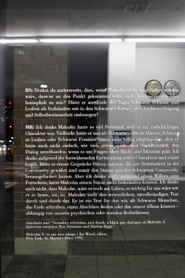 James Gregory Atkinson, ‘6 Friedberg-Chicago’, 2021/22, Text: Interview Marlon Riggs & Ron Simmons, in: Sexuality, Televison, and Death: A Black Gay Dialogue on Malcolm X: in our own image, Joe Wood, New York St. Martin’s Press (1992), exhibition view, Dortmunder Kunstverein Courtesy: the artist, Dortmunder Kunstverein Photo: Jens Franke