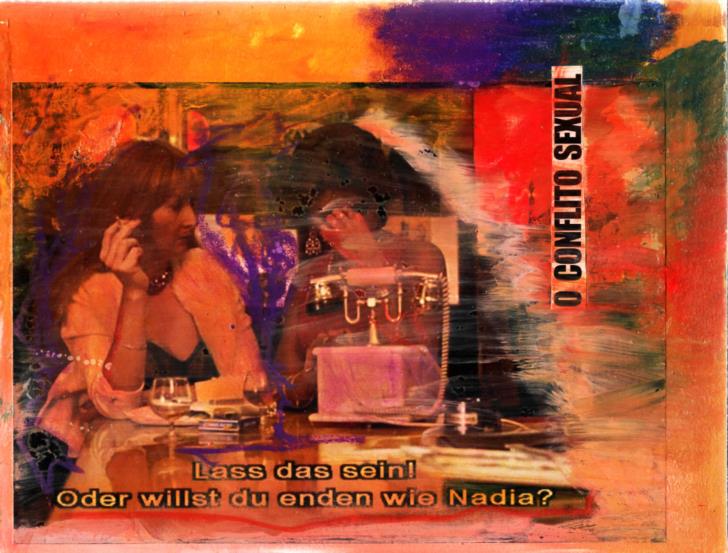 Obsession X, O Conflito Sexual, Lass das sein! Oder willst du enden wie Nadia?, Papier, Gouache, Ölpastellkreide, Firnis, auf Holz, Acrylglas, 2022