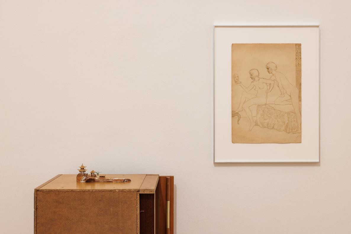 Soshiro Matsubara, installation view All in Your Shadow, Croy Nielsen, Vienna, 2024; r. Mirror and two Women, 2024, Colour pencil on found drawing, 62 × 48 × 2.7 cm